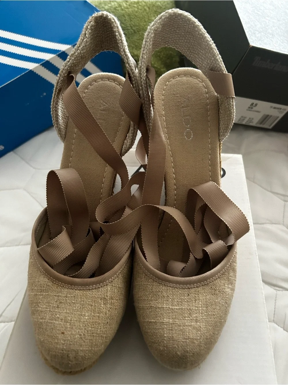 ALDO Tan Espadrille Wedge Sandals with Ribbon Ankle Ties